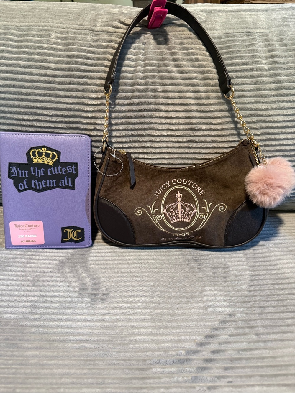 Juicy Couture Magnifique Shoulder Bag Pink Fuzzy Pom Poms W 250 Pg Journal NWT